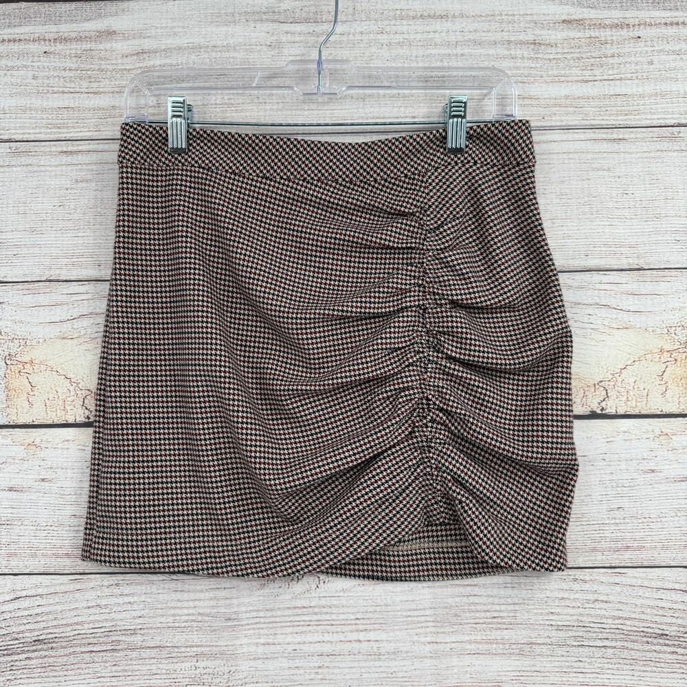 Free People Houndstooth Ruched Mini Skirt Womens 4 Tan Blue Red Back Zip